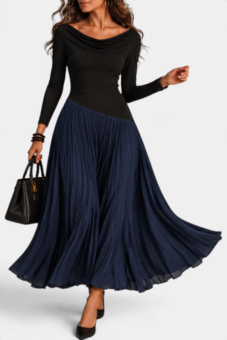 Mahaute Adelajda long black and navy blue pleated dress with draped neckline and asymmetrical waist on a model
