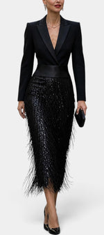 Mahaute Adrienne black midi blazer dress with satin waist, sequin skirt, and long fringe detailing.
