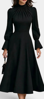 Mahaute Albena black midi dress with a gathered high neck, cinched waist, and elegant puffed sleeves with flared cuffs.