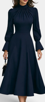 Mahaute Albena navy midi dress with a gathered high neck, cinched waist, and elegant puffed sleeves.