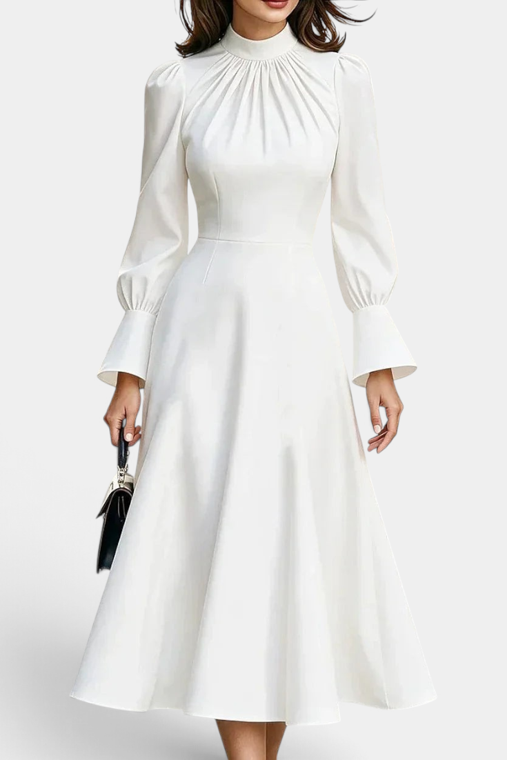 Mahaute Albena white midi dress with a gathered high neck, cinched waist, and elegant puffed sleeves.
