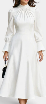 Mahaute Albena white midi dress with a gathered high neck, cinched waist, and elegant puffed sleeves.