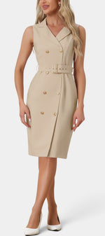 Robe mi-longue beige sans manches style blazer avec ceinture, marque Mahaute, élégante et sophistiquée.