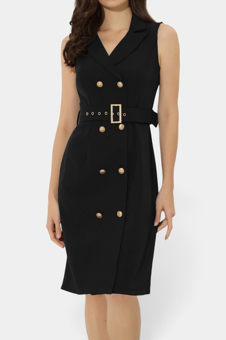 Robe mi-longue sans manches Mahaute Aldegonde, style blazer avec ceinture, robe élégante noire pour femme.