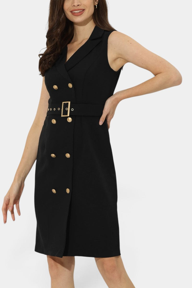 Robe mi-longue sans manches Mahaute Aldegonde style blazer avec ceinture noire, élégante et tendance.