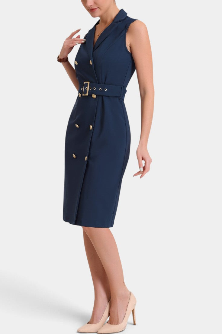 Robe mi-longue sans manches Mahaute Aldegonde en navy avec style blazer et taille ceinturée, idéale pour un look élégant.