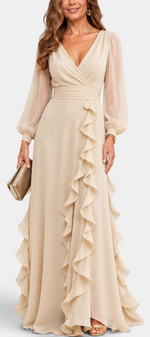 Mahaute Almerine beige chiffon maxi dress with V-neck, sheer long sleeves, and cascading ruffles.