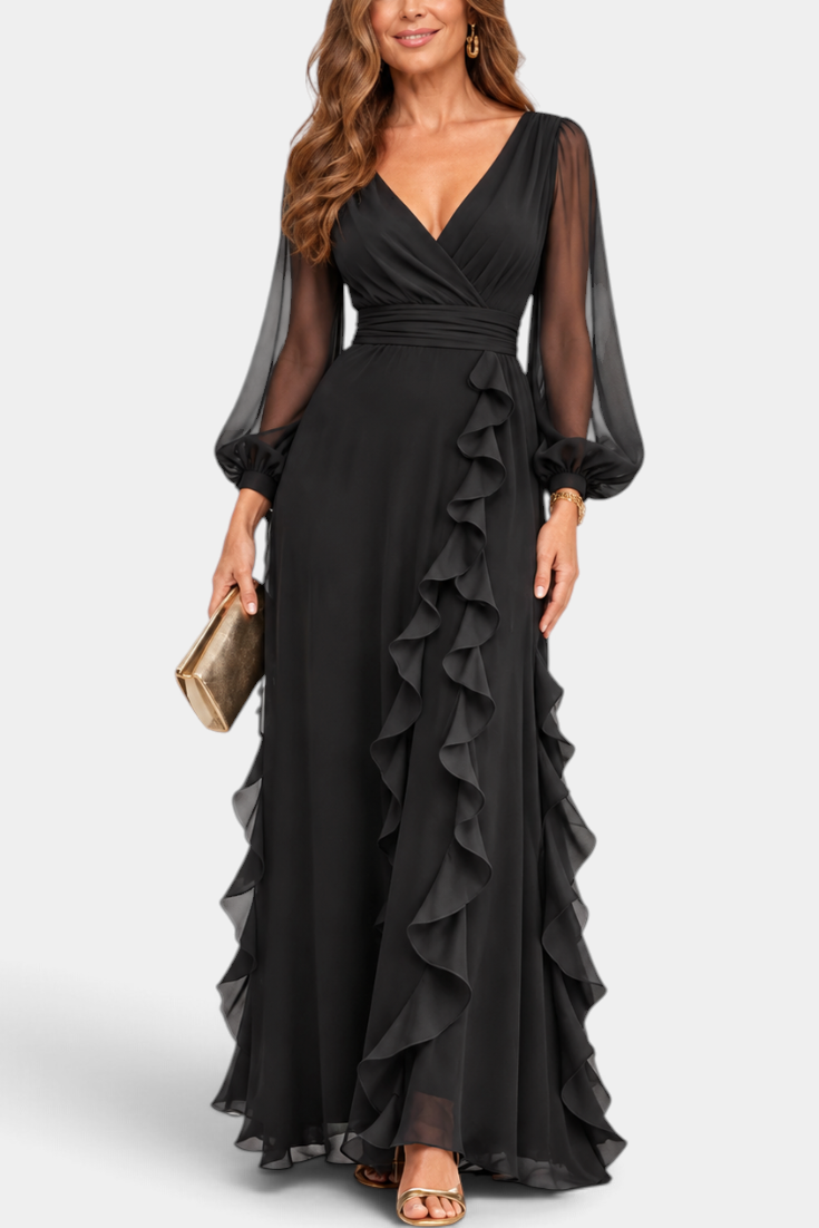 Mahaute Almerine black chiffon maxi dress with V-neck, sheer long sleeves and cascading ruffles.