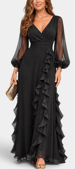 Mahaute Almerine black chiffon maxi dress with V-neck, sheer long sleeves and cascading ruffles.