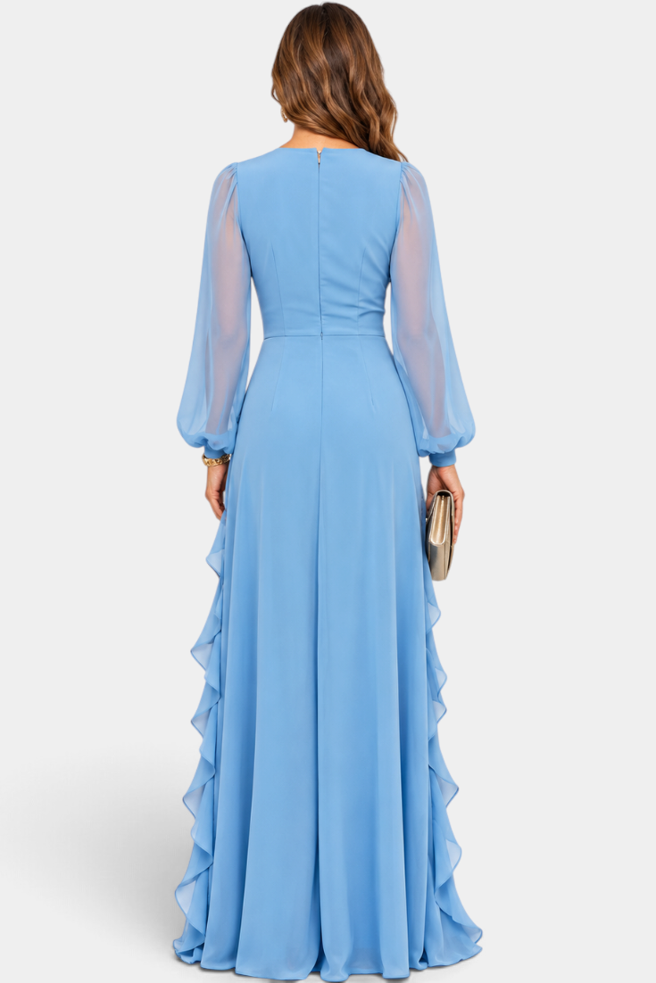 Back view of Mahaute Almérine light blue chiffon maxi dress with long sheer sleeves and cascading ruffles