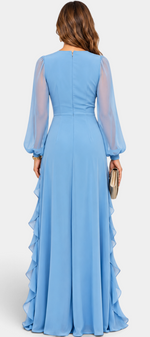 Back view of Mahaute Almérine light blue chiffon maxi dress with long sheer sleeves and cascading ruffles