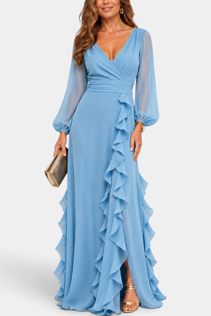 Mahaute Almerine light blue chiffon maxi dress with V-neck, sheer long sleeves and cascading ruffles.