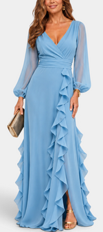 Mahaute Almerine light blue chiffon maxi dress with V-neck, sheer long sleeves and cascading ruffles.