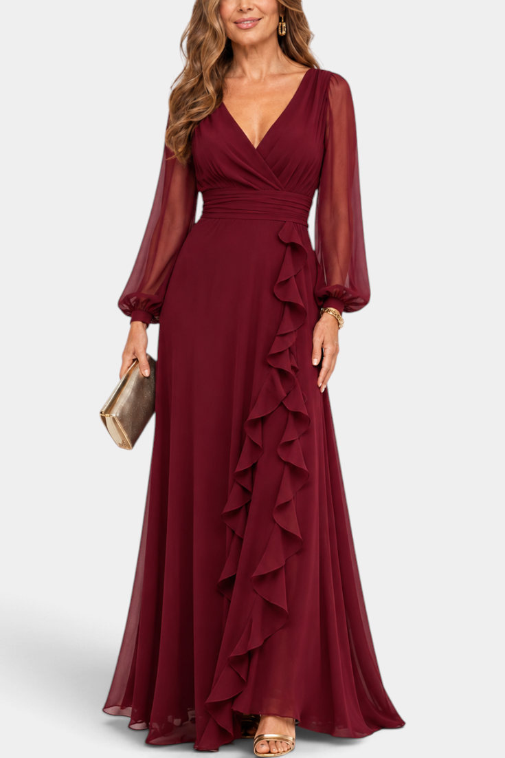 Mahaute Almerine burgundy chiffon maxi dress with V-neck, sheer long sleeves and cascading ruffles.