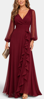 Mahaute Almerine burgundy chiffon maxi dress with V-neck, sheer long sleeves and cascading ruffles.