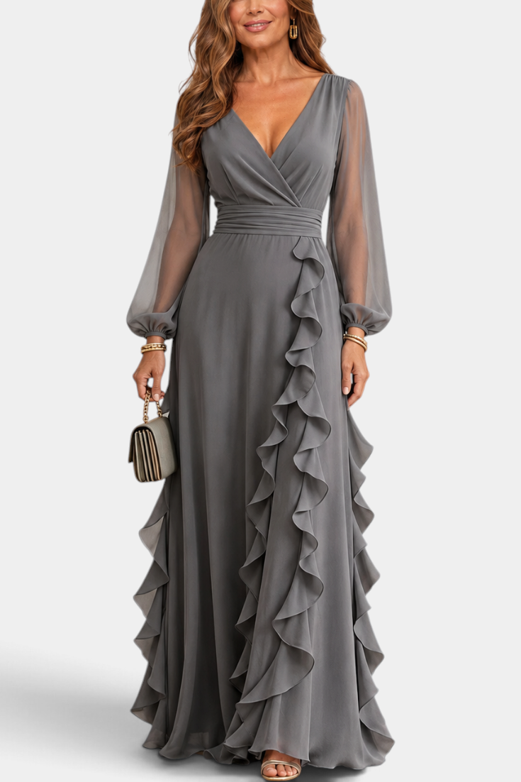 Mahaute Almerine grey chiffon maxi dress with V-neck, sheer long sleeves and cascading ruffles.