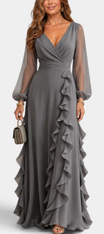 Mahaute Almerine grey chiffon maxi dress with V-neck, sheer long sleeves and cascading ruffles.