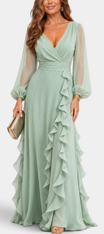 Mahaute Almerine sage green chiffon maxi dress with V-neck, sheer long sleeves and cascading ruffles