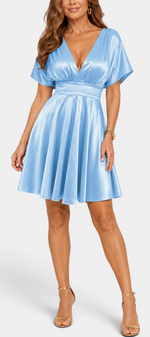 Mahaute Ambre short light blue satin dress with V-neck, cinched waist, and flared skirt.