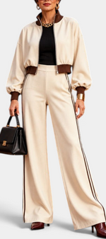 Mahaute Ardenza cream and brown cropped zip jacket with voluminous sleeves and matching wide-leg trousers
