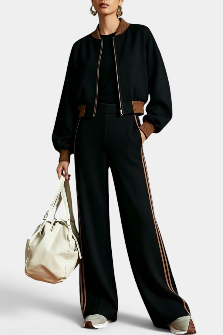 Mahaute Ardenza black zip-up cropped jacket and wide-leg trousers set with brown contrast side stripes.
