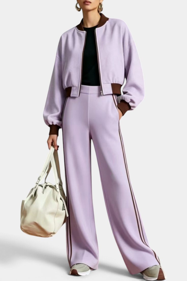 Mahaute Ardenza lavender cropped zip jacket and wide-leg trousers set with brown contrast side stripes.