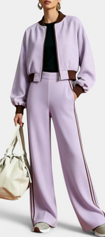 Mahaute Ardenza lavender cropped zip jacket and wide-leg trousers set with brown contrast side stripes.