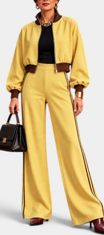 Mahaute Ardenza yellow cropped zip jacket and wide-leg trousers set with brown contrast side stripes.