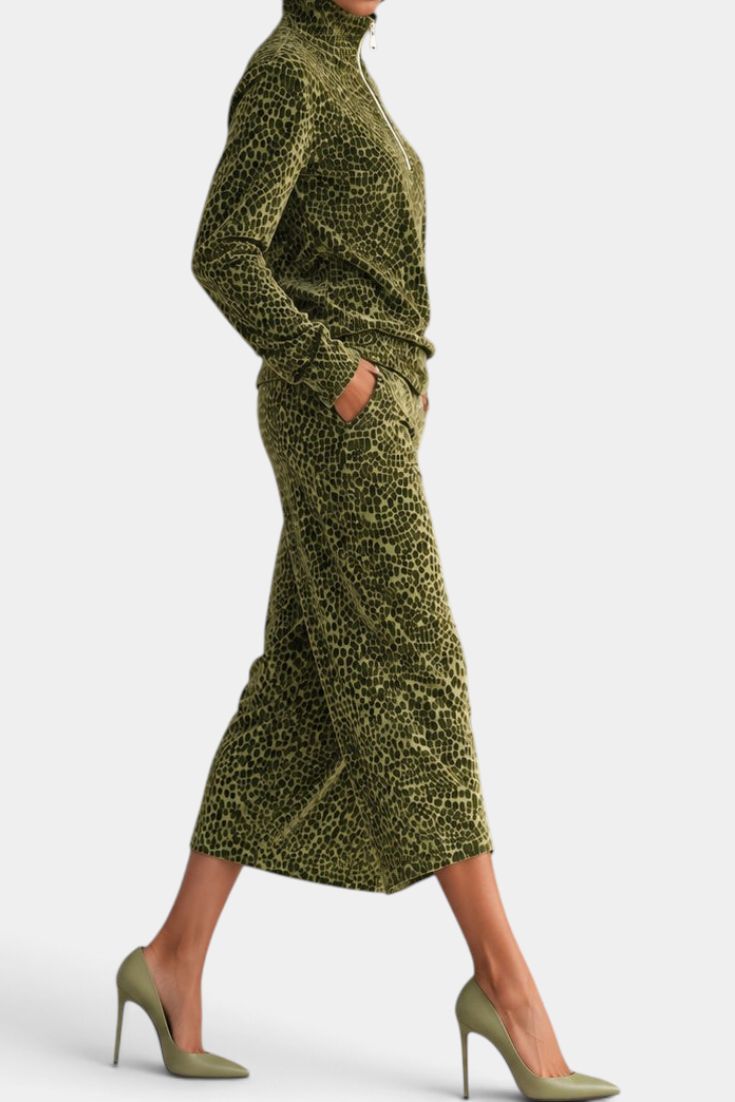Mahaute Avdotya olive green animal print two-piece set with long-sleeve zip-neck top and midi skirt