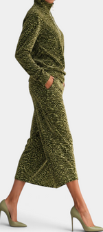 Mahaute Avdotya olive green animal print two-piece set with long-sleeve zip-neck top and midi skirt