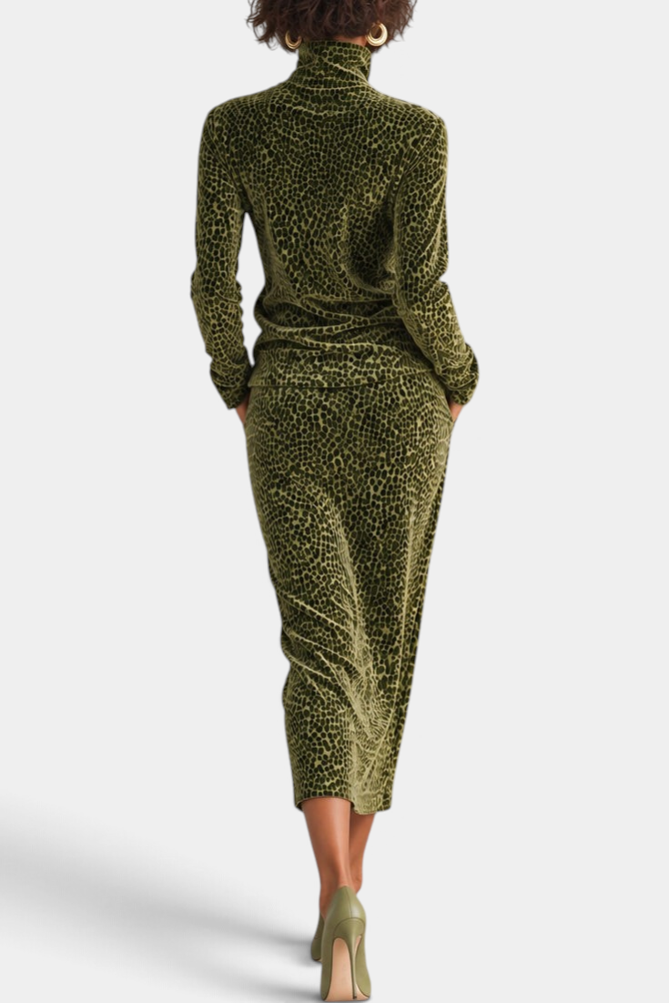 Mahaute Avdotya olive green animal print velvet two-piece set with long sleeve zip-neck top and midi skirt, back view