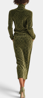 Mahaute Avdotya olive green animal print velvet two-piece set with long sleeve zip-neck top and midi skirt, back view