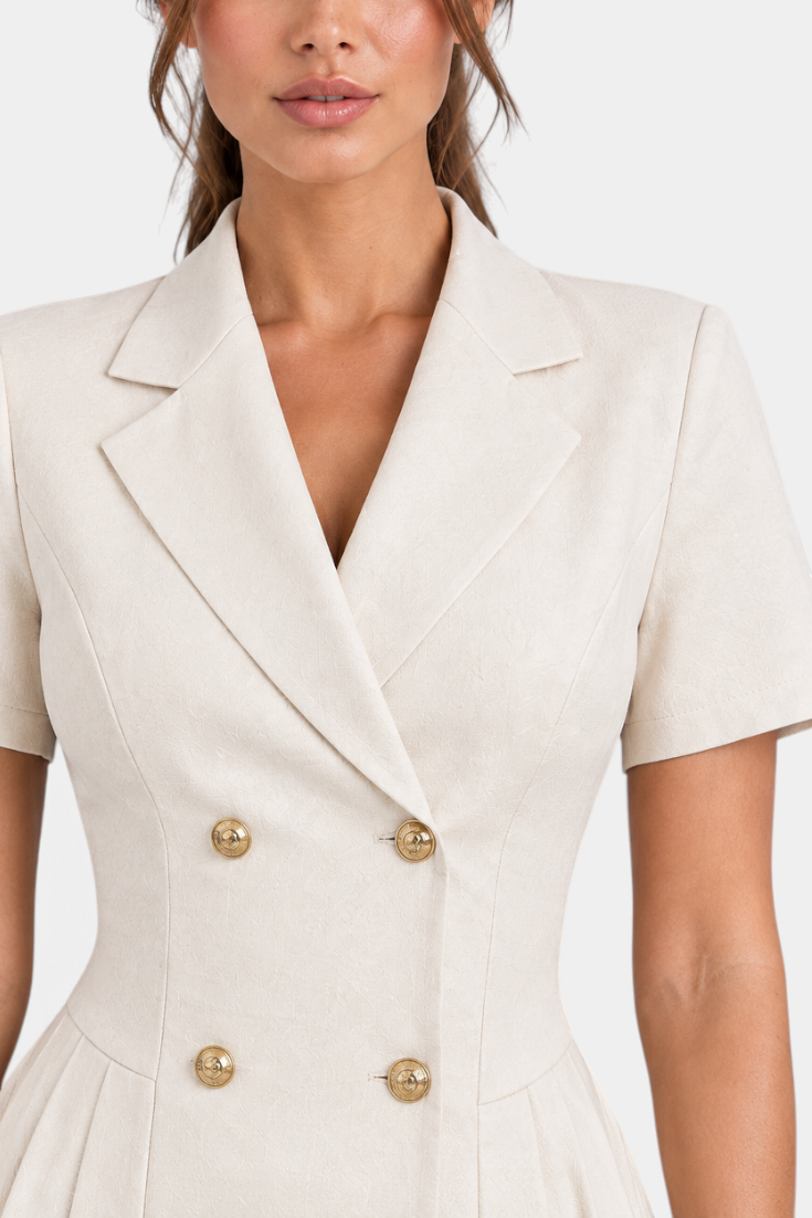 Mahaute beige short-sleeved blazer dress with a notched collar, double-breasted gold buttons, and a fitted waist.