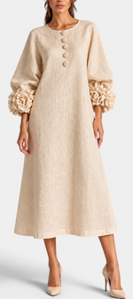 Mahaute beige midi dress with puff sleeves, 3D floral cuffs, and decorative front buttons.
