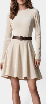 Mahaute Marlyène beige suede skater dress with long sleeves, round neck, and a brown buckled belt at the waist.