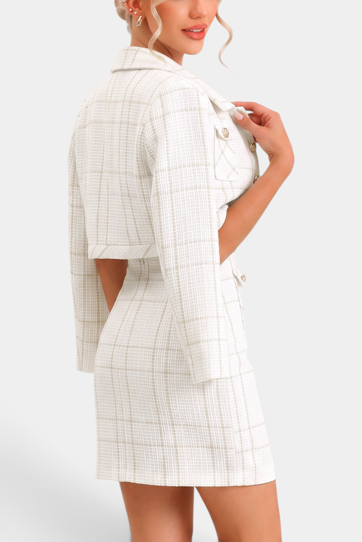 Mahaute beige tweed-effect plaid short dress and cropped jacket set with gold buttons, back view.