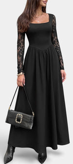 Robe longue Mahaute Belisa noire avec encolure carrée et manches en dentelle florale, élégante et sophistiquée.