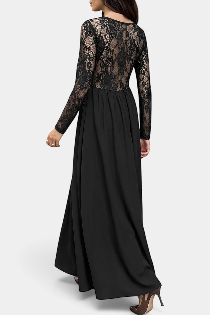 Robe longue Mahaute Belisa noire avec encolure carrée et manches en dentelle florale, élégante et raffinée.