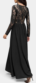 Robe longue Mahaute Belisa noire avec encolure carrée et manches en dentelle florale, élégante et raffinée.