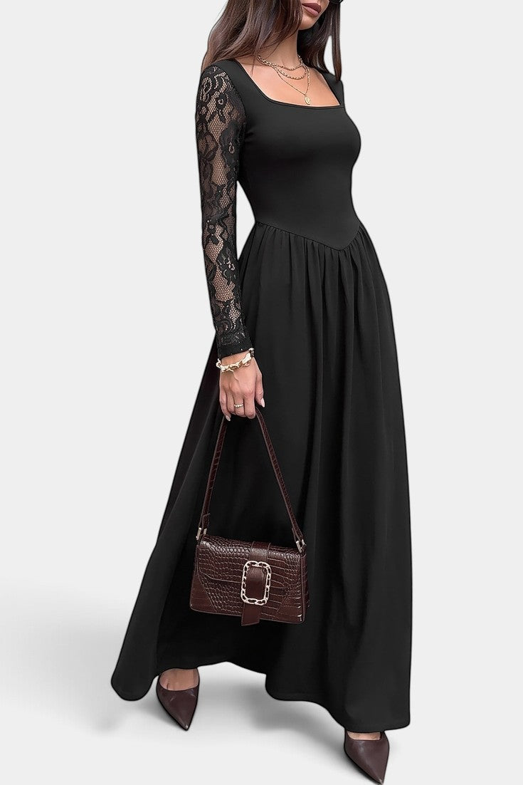 Robe longue Mahaute Belisa noire à encolure carrée et manches en dentelle florale, élégante et féminine.