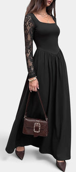 Robe longue Mahaute Belisa noire à encolure carrée et manches en dentelle florale, élégante et féminine.