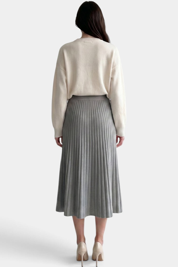 Jupe plissée longue gris Mahaute Belisaria à taille haute et coupe évasée, style élégant et tendance.