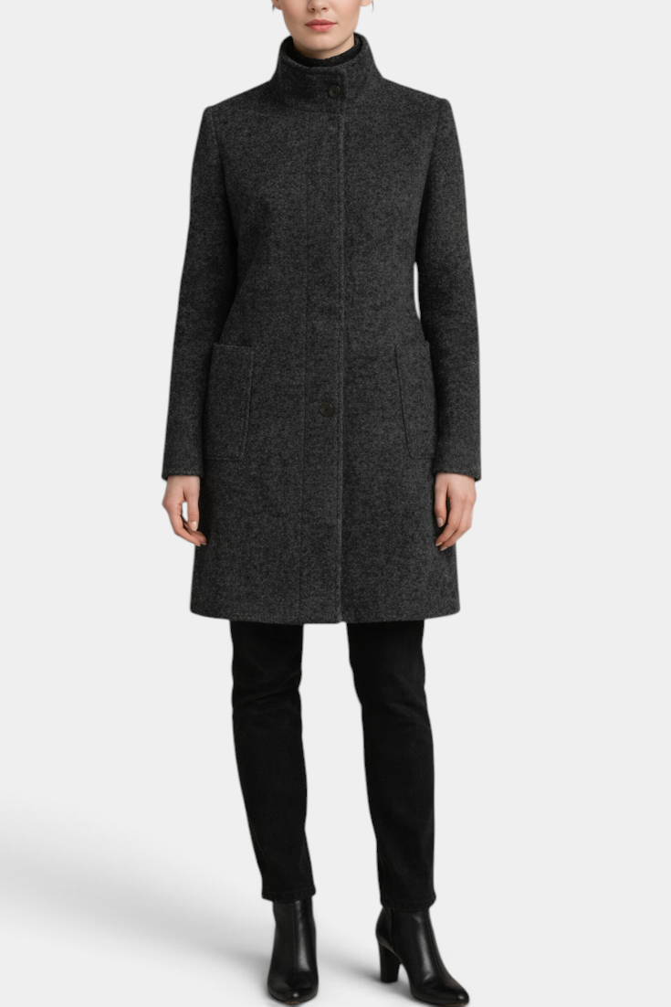 Mahaute Bellarya charcoal grey mid-length wool coat with a structured high collar, button front, and patch pockets.