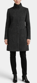 Mahaute Bellarya charcoal grey mid-length wool coat with a structured high collar, button front, and patch pockets.