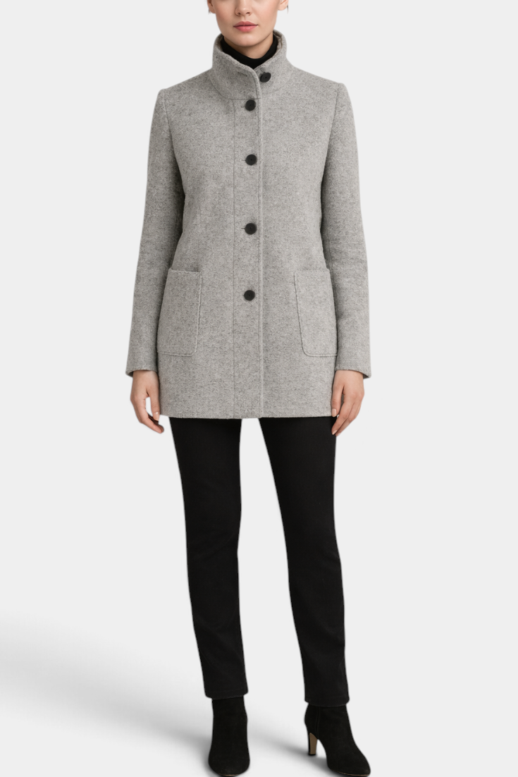 Mahaute Bellarya grey mid-length wool coat with a structured high collar, front buttons, and patch pockets.