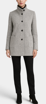 Mahaute Bellarya grey mid-length wool coat with a structured high collar, front buttons, and patch pockets.