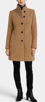 Mahaute Bellarya tan wool-blend mid-length coat with a high collar, front button closure, and patch pockets.