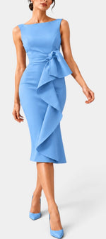 Mahaute Billini light blue midi dress with boat neckline, side tie waist, and elegant asymmetrical draped skirt.