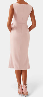 Mahaute Billini blush pink midi dress with boat neckline and draped skirt, back view on a model