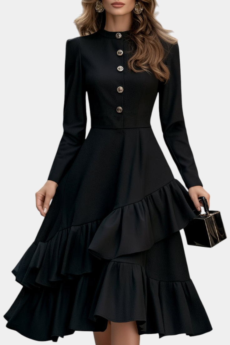 Mahaute black midi dress with long sleeves, cinched waist, asymmetric ruffles, and decorative jewel buttons.